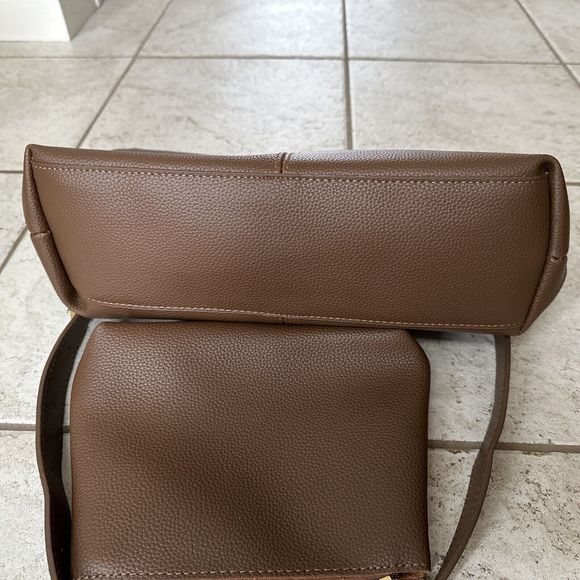 Women's Brown Tote Purse Handbag Faux Leather w/ Makeup Cosmetics Bag - Picture 8 of 16